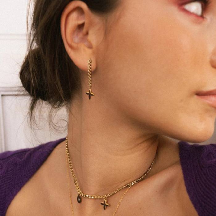Sabine Long Chain and Cross Gold Earrings - Image 2